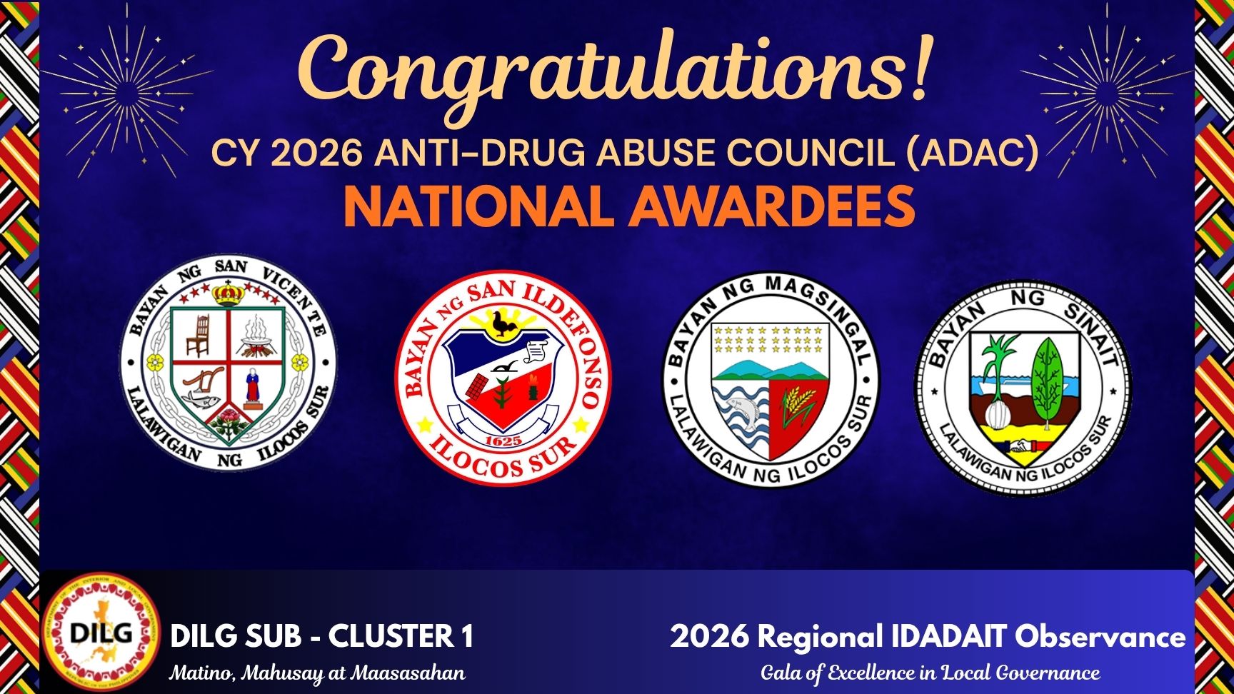 𝐂𝐨𝐧𝐠𝐫𝐚𝐭𝐮𝐥𝐚𝐭𝐢𝐨𝐧𝐬 𝐭𝐨 𝐭𝐡𝐞 𝐅𝐨𝐮𝐫 (𝟒) 𝐌𝐮𝐧𝐢𝐜𝐢𝐩𝐚𝐥𝐢𝐭𝐢𝐞𝐬 𝐨𝐟 𝐅𝐢𝐫𝐬𝐭 𝐃𝐢𝐬𝐭𝐫𝐢𝐜𝐭 𝐨𝐟 𝐈𝐥𝐨𝐜𝐨𝐬 𝐒𝐮𝐫 𝐟𝐨𝐫 𝐛𝐞𝐢𝐧𝐠 𝐫𝐞𝐜𝐨𝐠𝐧𝐢𝐳𝐞𝐝 𝐚𝐬 𝐂𝐘 𝟐𝟎𝟐6 𝐍𝐚𝐭𝐢𝐨𝐧𝐚𝐥 𝐀𝐃𝐀𝐂 𝐀𝐰𝐚𝐫𝐝𝐞𝐞𝐬!